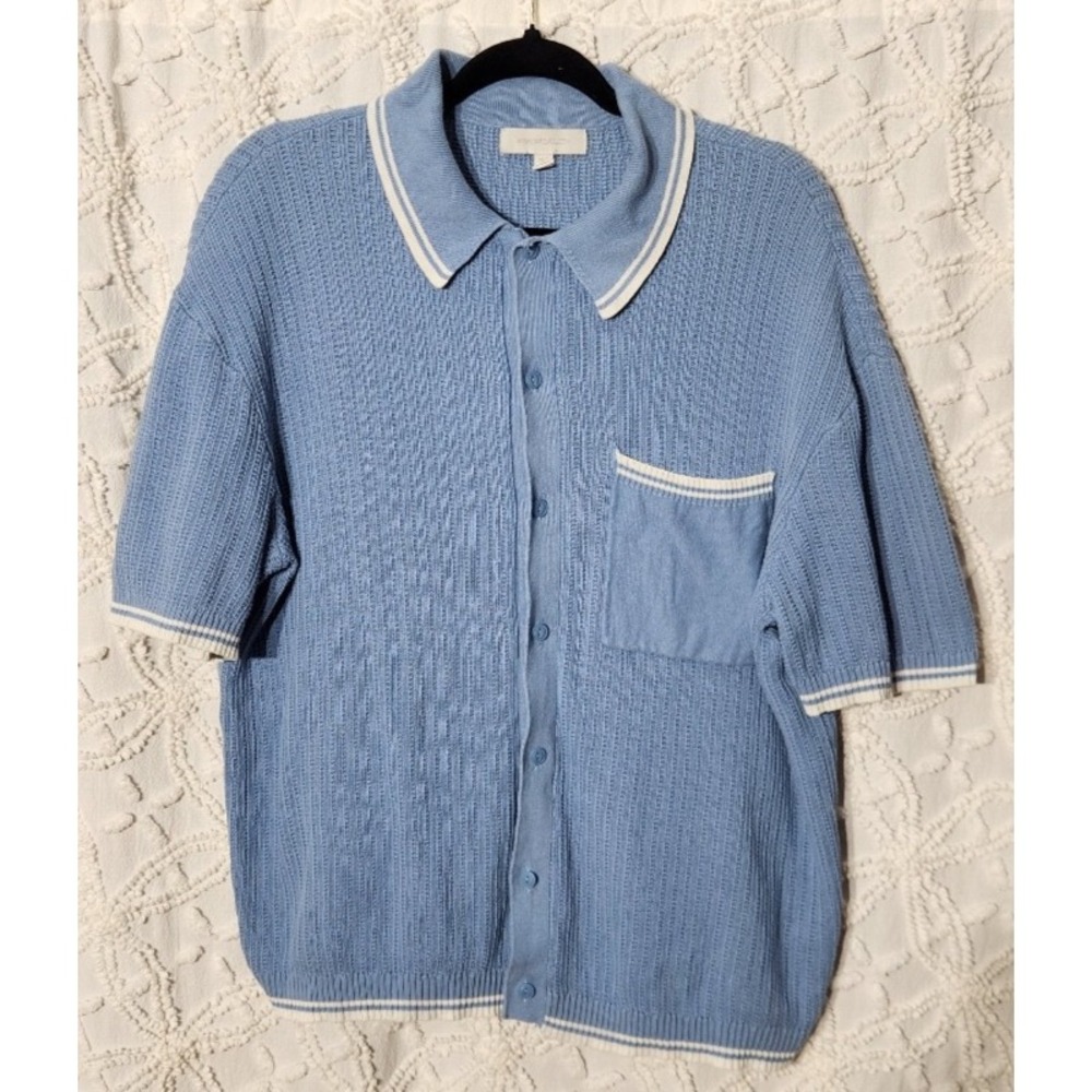 Standard Cloth Mens Knit Button‎ Up Size Medium Blue Preppy Golf City Mesh